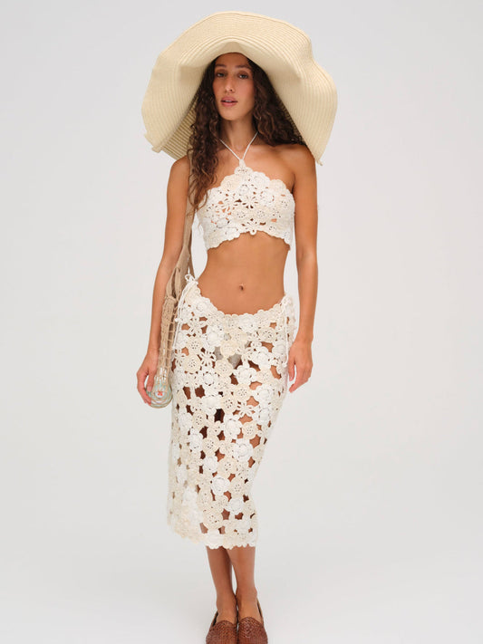 For Love and Lemons Floral Crochet Coverup Midi Skirt - White