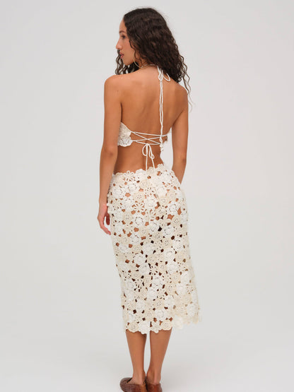 For Love and Lemons Floral Crochet Coverup Midi Skirt - White