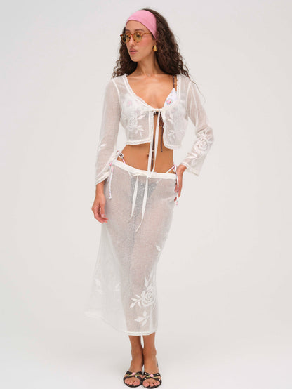For Love and Lemons Rose Crochet Midi Skirt - White