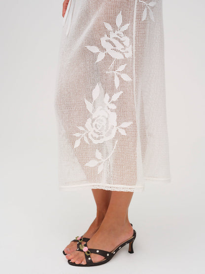 For Love and Lemons Rose Crochet Midi Skirt - White