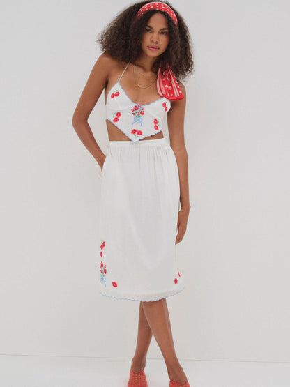 For Love and Lemons Forget Me Not Embroidery Midi Skirt - White