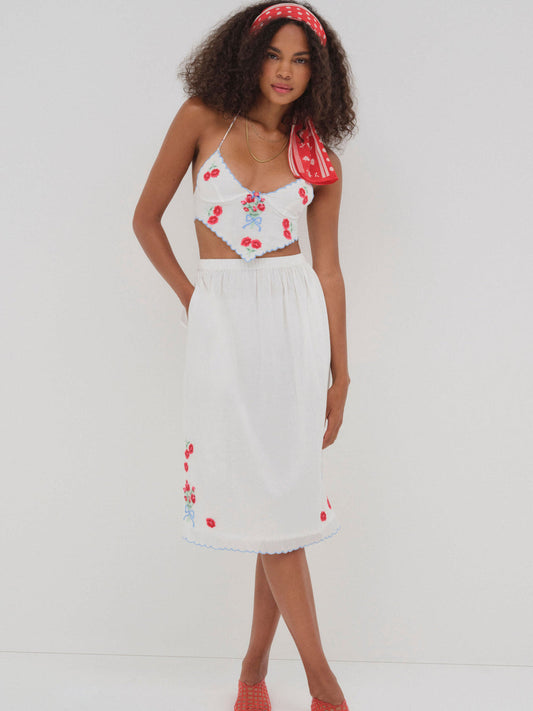 For Love and Lemons Forget Me Not Embroidery Midi Skirt - White