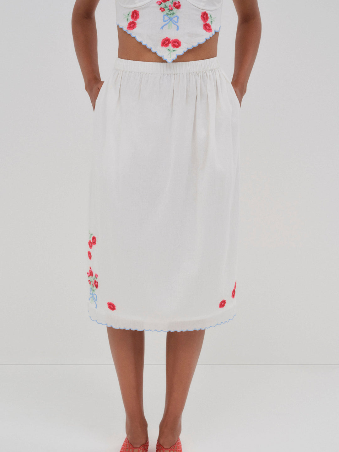 For Love and Lemons Forget Me Not Embroidery Midi Skirt - White