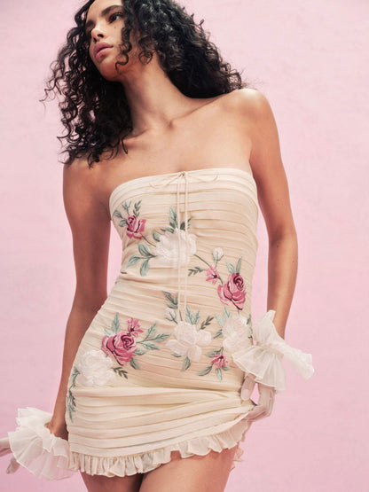 For Love and Lemons Climbing Rose Embroidered Mini Dress - Vintage Cream