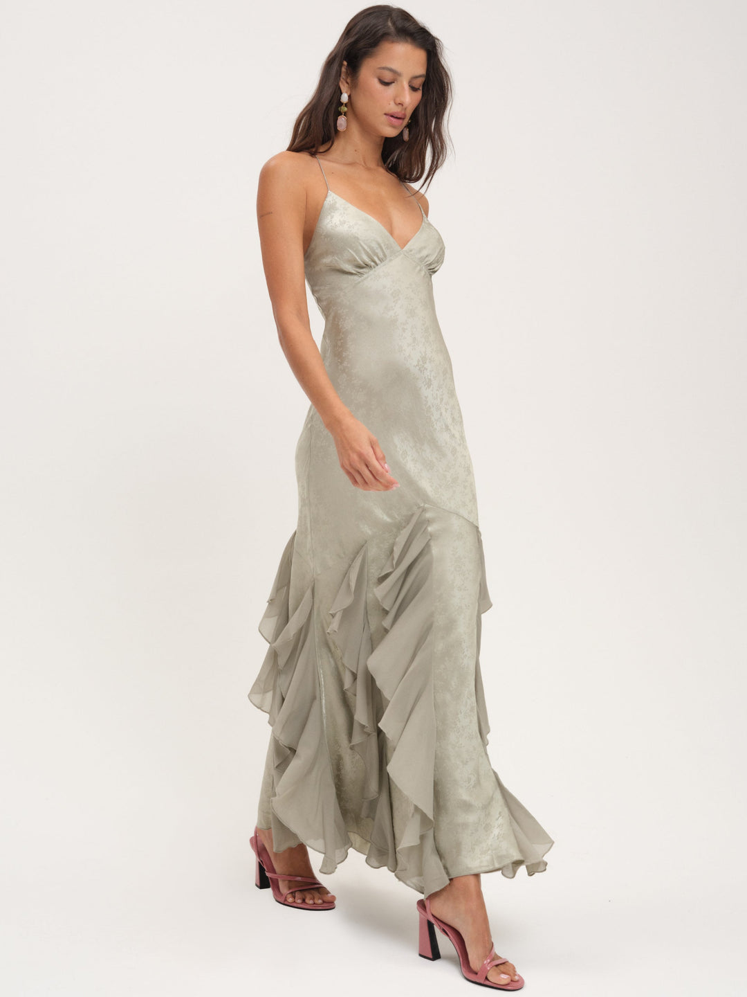 For Love and Lemons Elea Silk Maxi Dress - Sage
