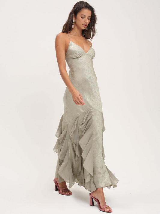 For Love and Lemons Elea Silk Maxi Dress - Sage