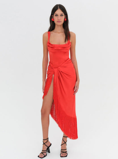 For Love and Lemons Anisa Fringe Midi Dress - Red