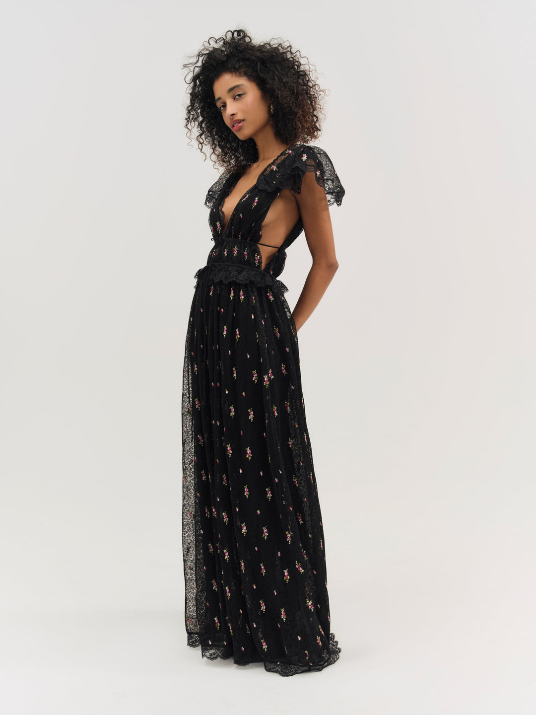 For Love and Lemons Poppy Pleated Lace Maxi Dress - Black