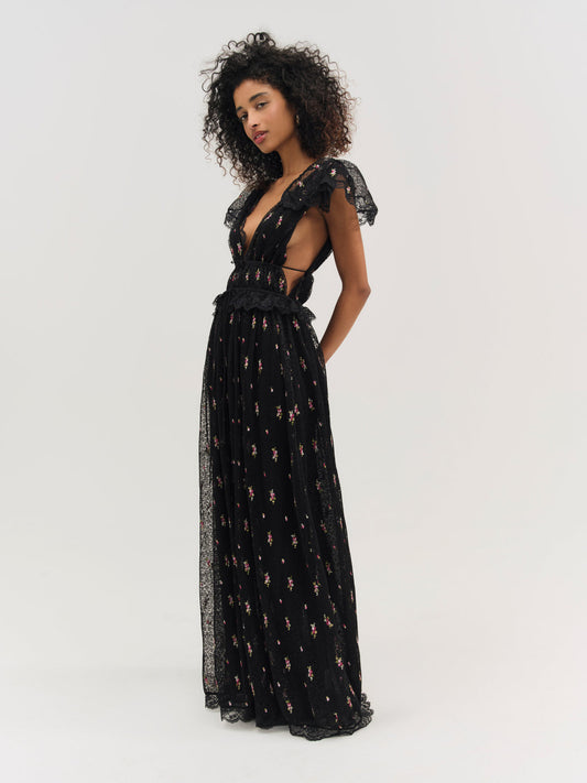 For Love and Lemons Poppy Pleated Lace Maxi Dress - Black
