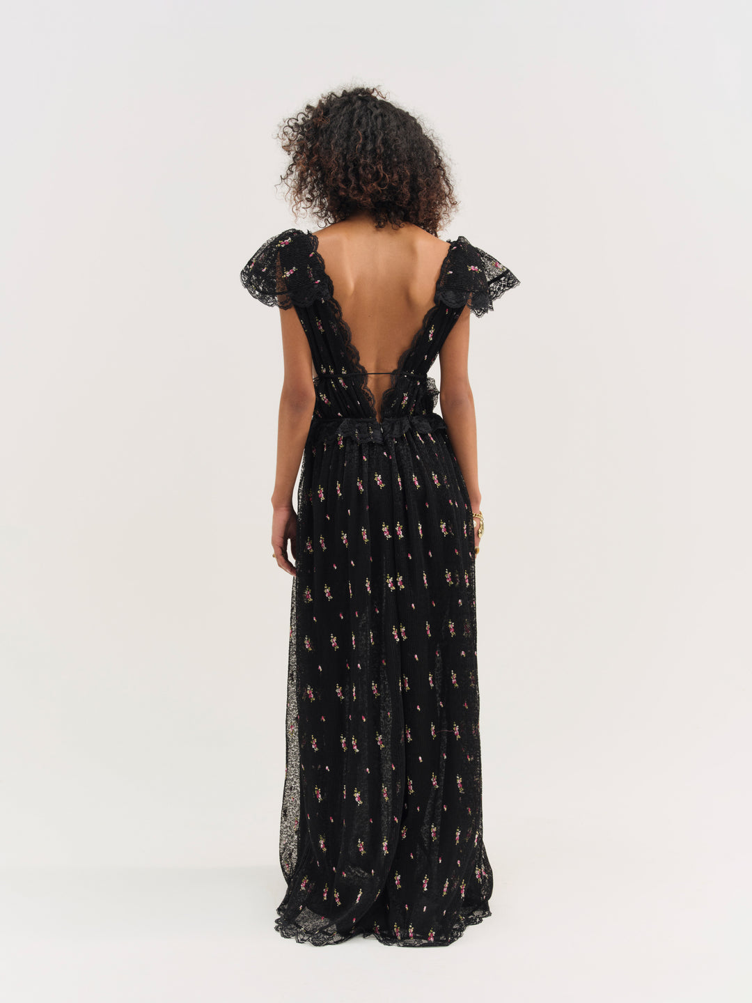 For Love and Lemons Poppy Pleated Lace Maxi Dress - Black