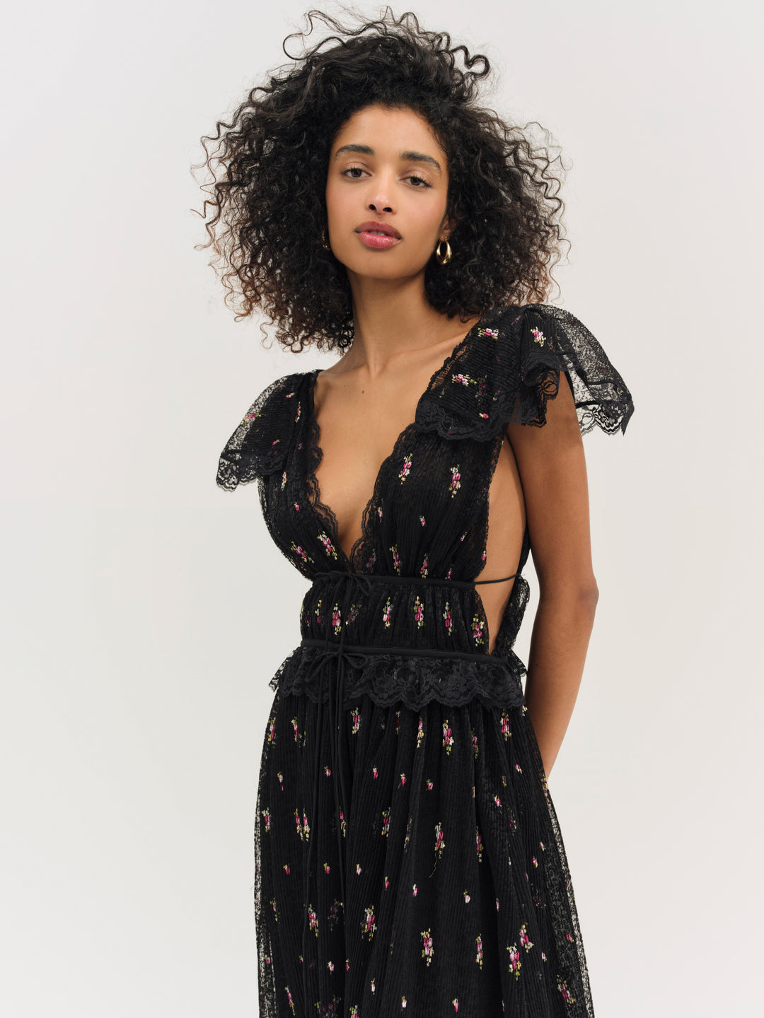 For Love and Lemons Poppy Pleated Lace Maxi Dress - Black