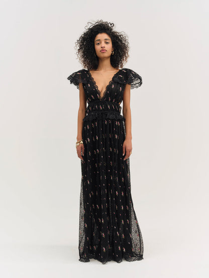 For Love and Lemons Poppy Pleated Lace Maxi Dress - Black