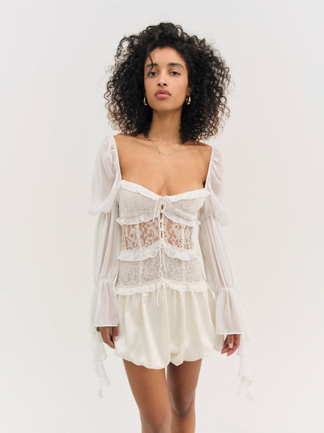 For Love and Lemons Lea Lace Long Sleeve Mini Dress - Cream