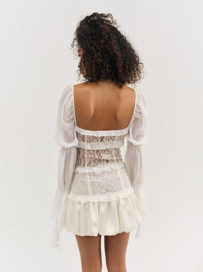 For Love and Lemons Lea Lace Long Sleeve Mini Dress - Cream