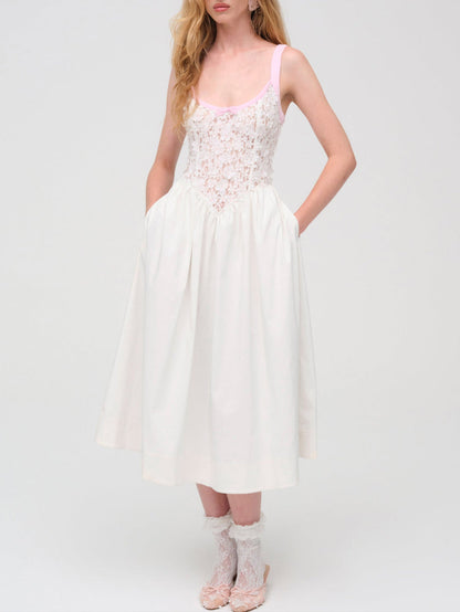 For Love and Lemons Stacked Blossom Lace Midi Dress - White