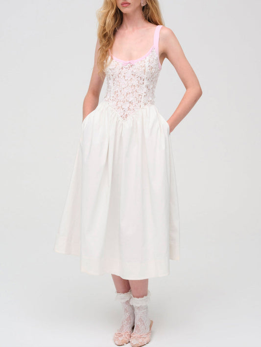 For Love and Lemons Stacked Blossom Lace Midi Dress - White