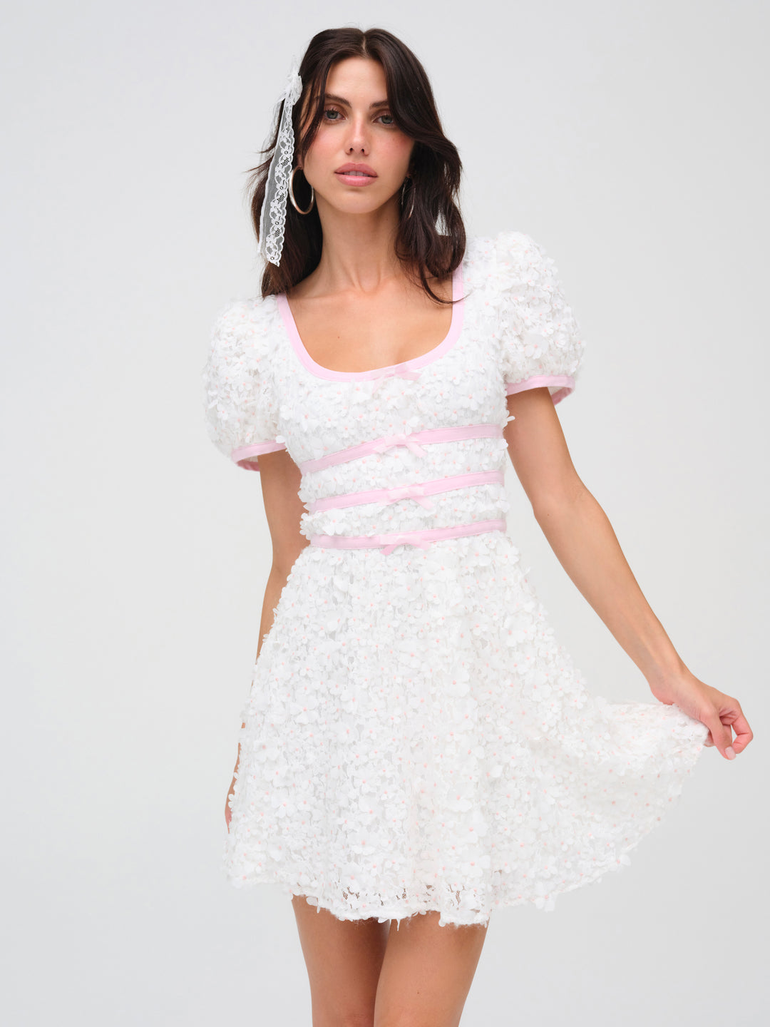 For Love and Lemons Stacked Blossom Lace Mini Dress - White