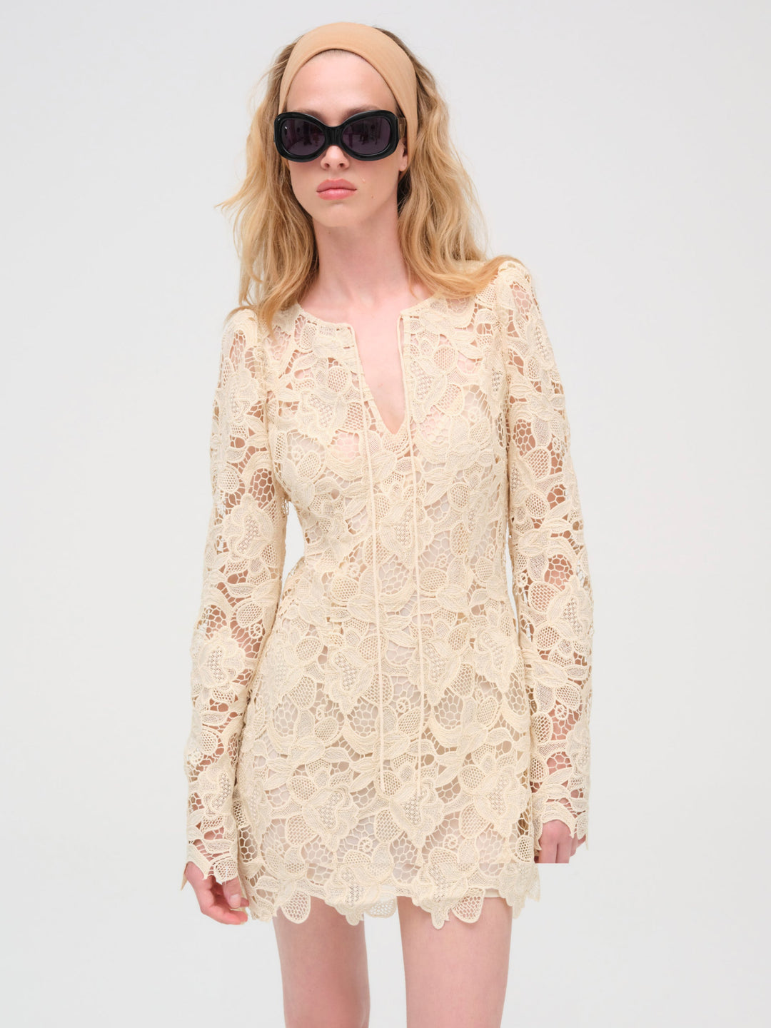 For Love and Lemons Coco Lace Long Sleeve Mini Dress - Cream