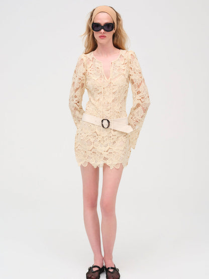 For Love and Lemons Coco Lace Long Sleeve Mini Dress - Cream