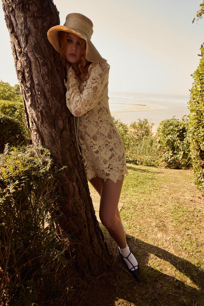 For Love and Lemons Coco Lace Long Sleeve Mini Dress - Cream