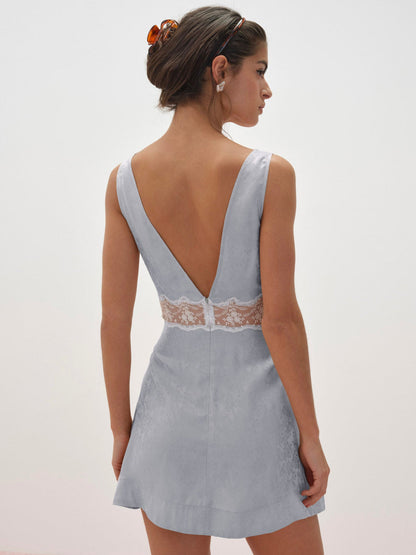 For Love and Lemons Bluebird Jacquard Mini Slip Dress - Dusty Blue