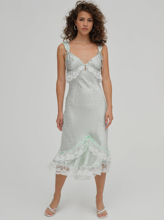 For Love and Lemons Mint Twist Jacquard Midi Slip Dress - Mint