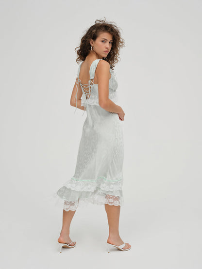 For Love and Lemons Mint Twist Jacquard Midi Slip Dress - Mint