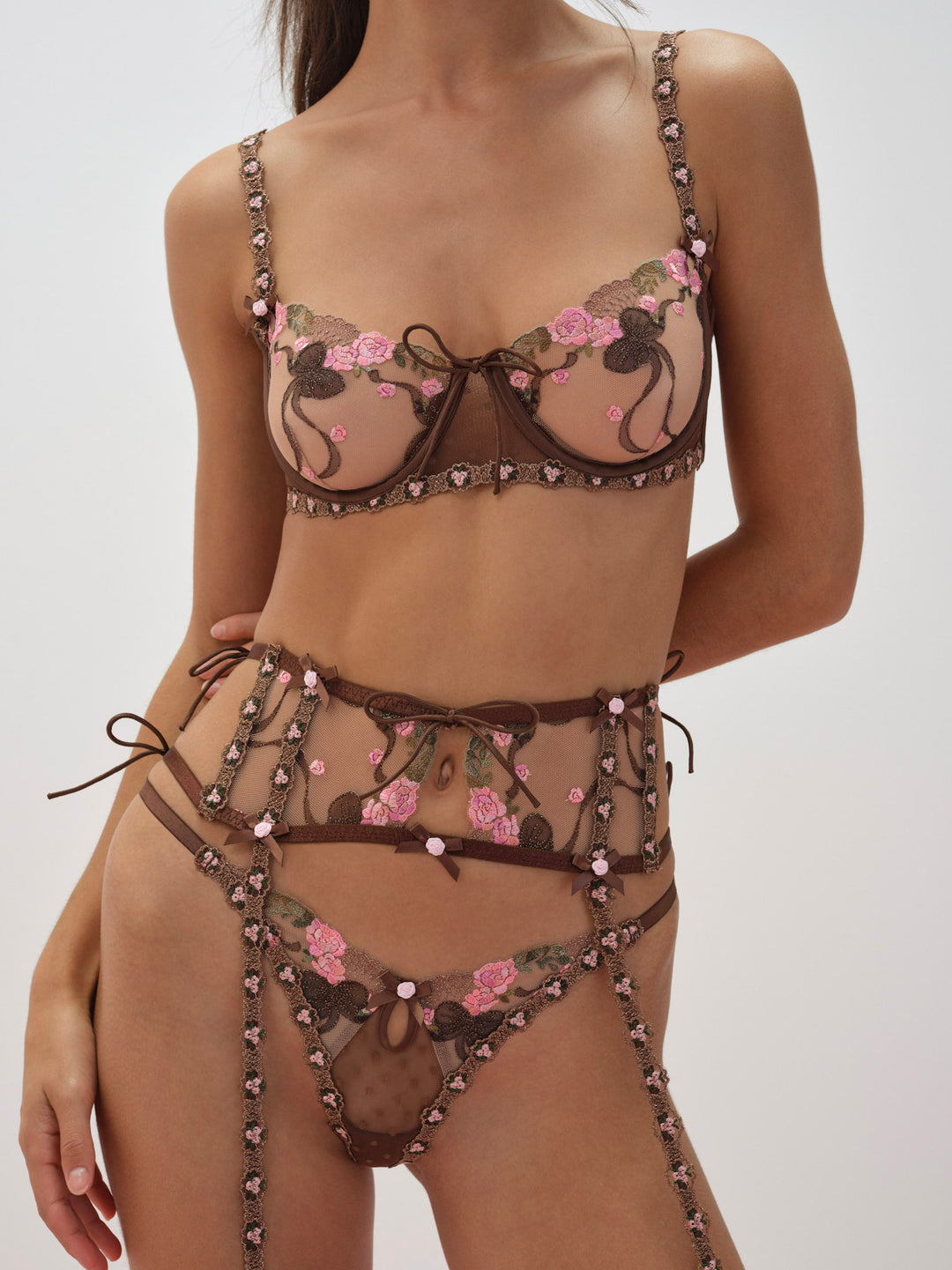 For Love and Lemons Runaway Bows Underwire Bra - Brown