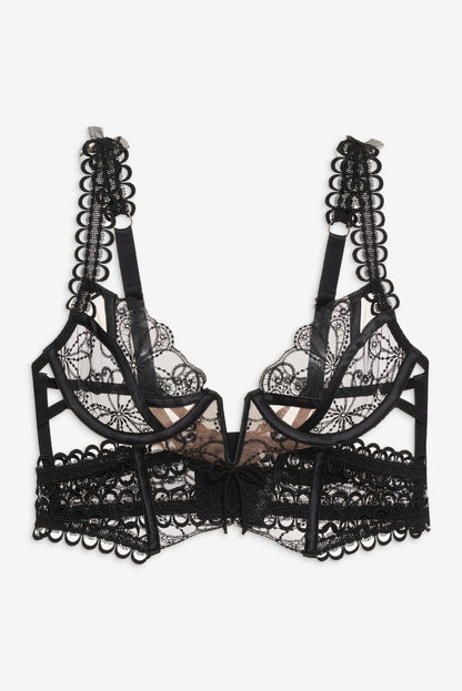 For Love and Lemons Swirly Floral Embroidered Bustier - Noir