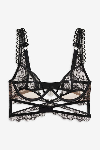 For Love and Lemons Swirly Floral Embroidered Bra - Noir