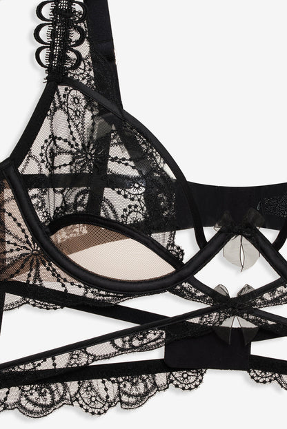 For Love and Lemons Swirly Floral Embroidered Bra - Noir