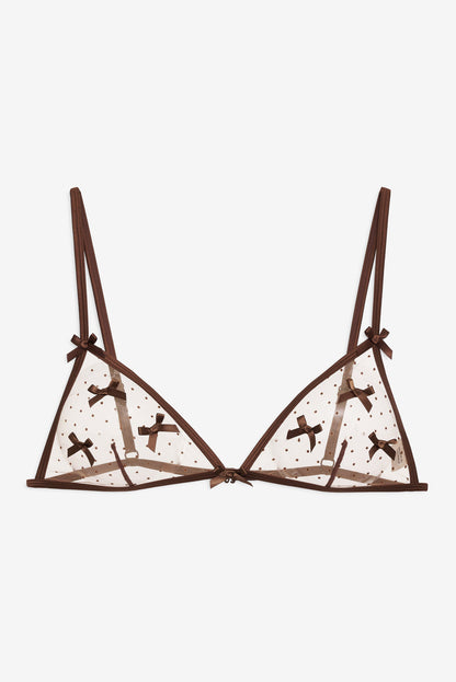 For Love and Lemons Flock Dot Bows Triangle Bralette - Brown