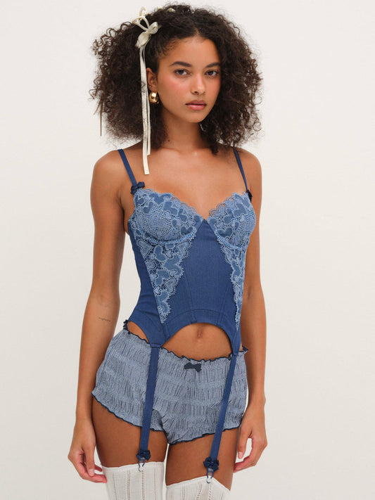 For Love and Lemons Denim Hearts Bustier - Blue