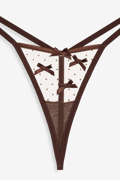 For Love and Lemons Flock Dot Bows G-String Panty - Brown