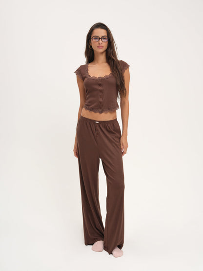 For Love and Lemons Elliana Wide Leg Pant - Chocolate