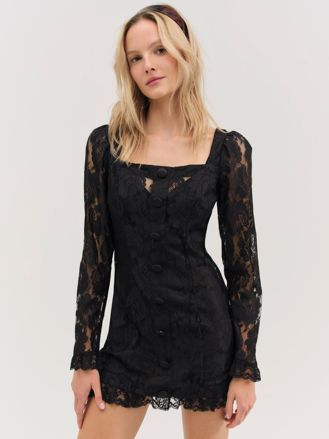 For Love and Lemons Claudia Rose Lace Long Sleeve Mini Dress - Black