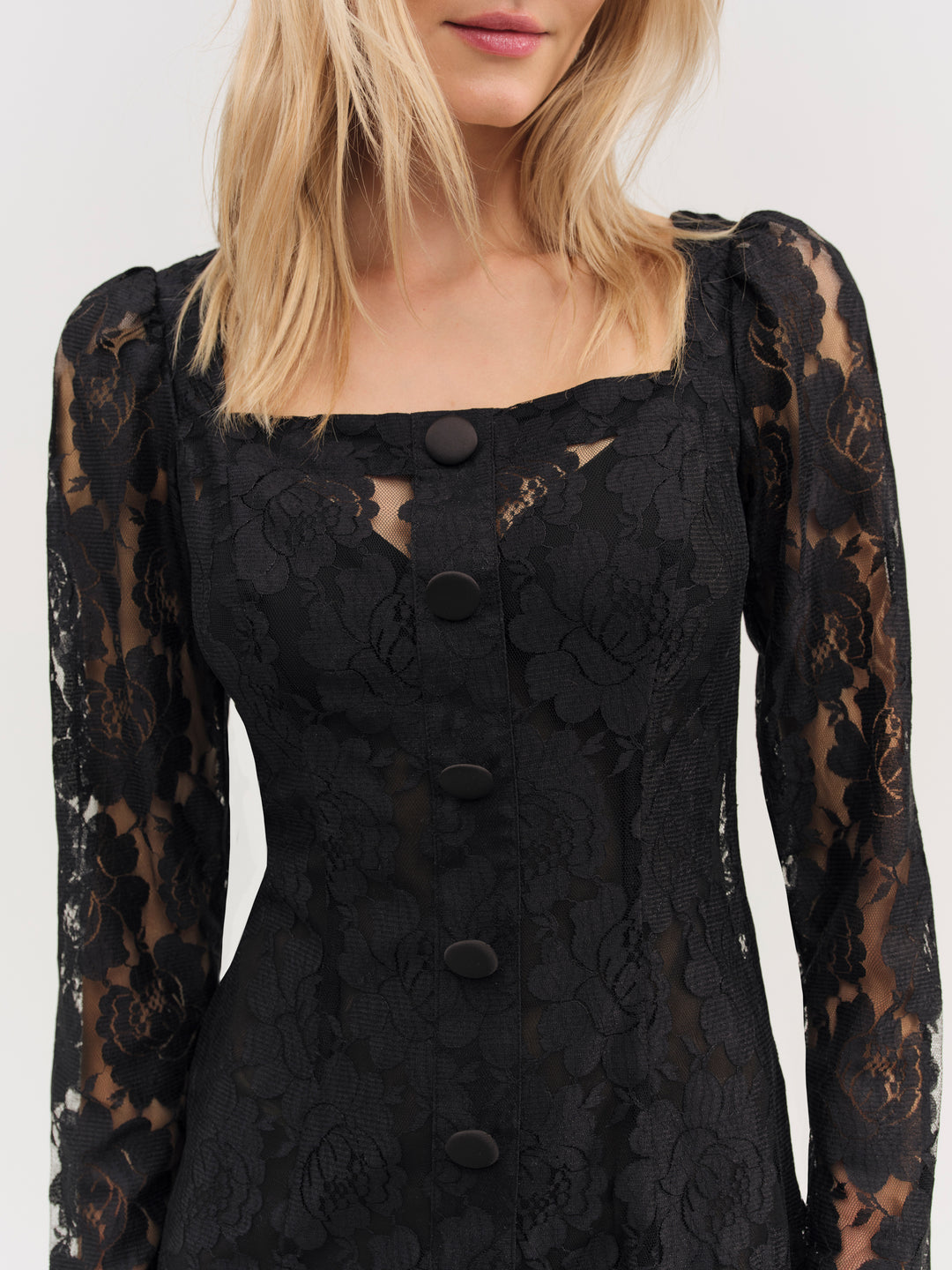 For Love and Lemons Claudia Rose Lace Long Sleeve Mini Dress - Black