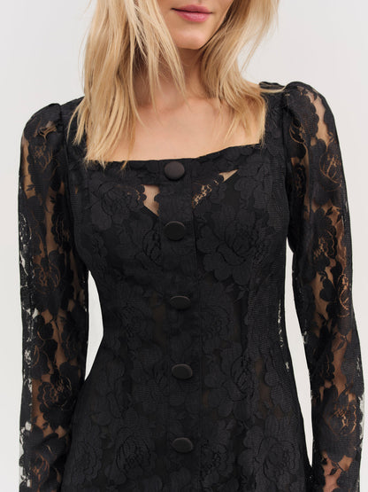 For Love and Lemons Claudia Rose Lace Long Sleeve Mini Dress - Black