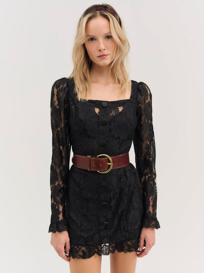 For Love and Lemons Claudia Rose Lace Long Sleeve Mini Dress - Black