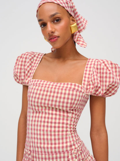 For Love and Lemons Georgia Gingham Short Sleeve Mini Dress - Mauve
