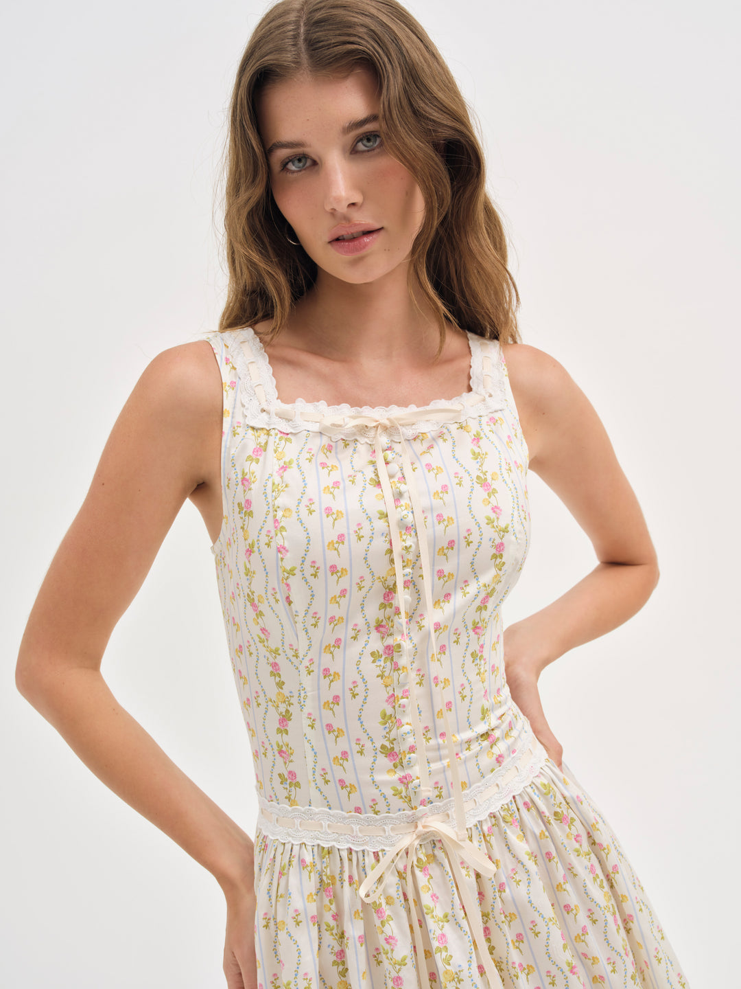 For Love and Lemons Brigitta Floral Midi Dress - Ivory