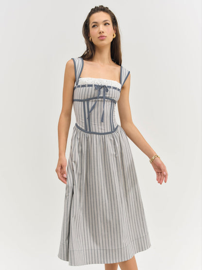 For Love and Lemons Linen Stripe Midi Dress - Blue