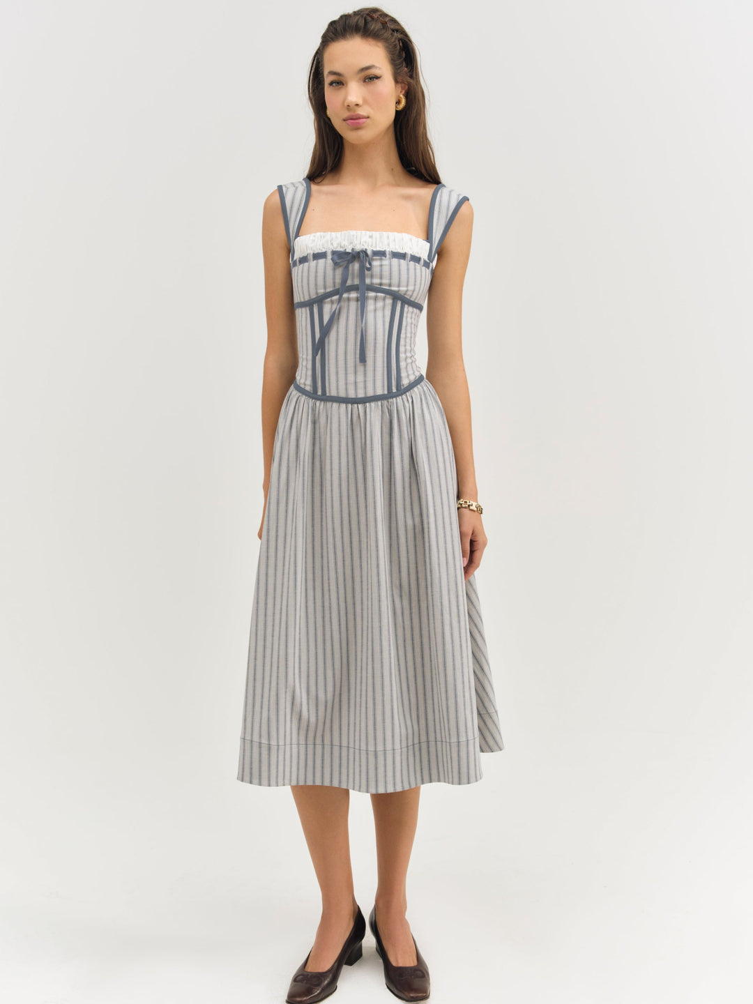 For Love and Lemons Linen Stripe Midi Dress - Blue