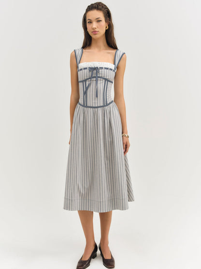 For Love and Lemons Linen Stripe Midi Dress - Blue