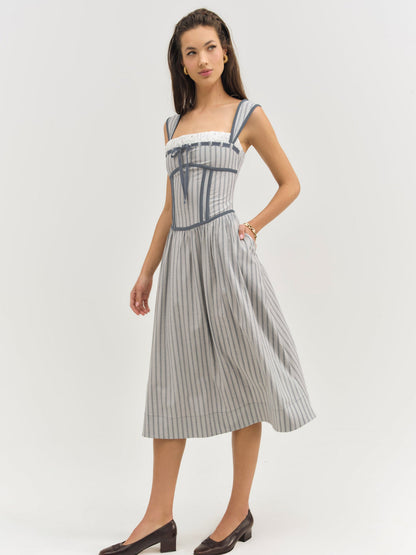 For Love and Lemons Linen Stripe Midi Dress - Blue