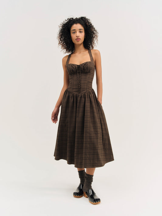For Love and Lemons University Plaid Midi Dress - Brown