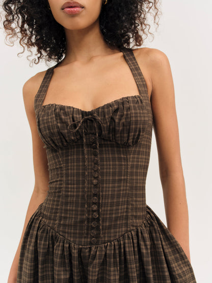 For Love and Lemons University Plaid Midi Dress - Brown