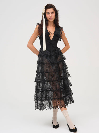 For Love and Lemons Daisy Eyelet Midi Dress - Black