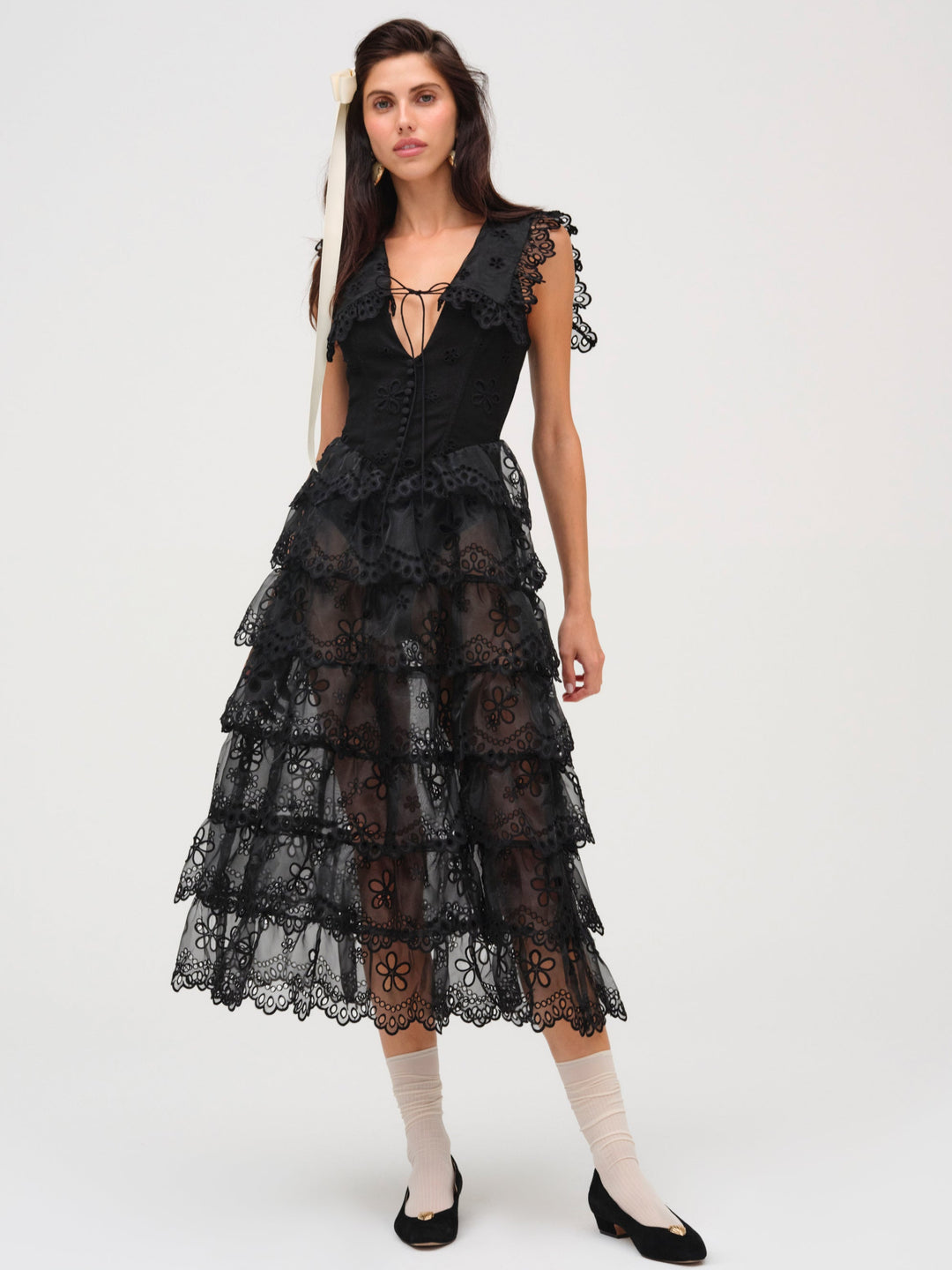 For Love and Lemons Daisy Eyelet Midi Dress - Black