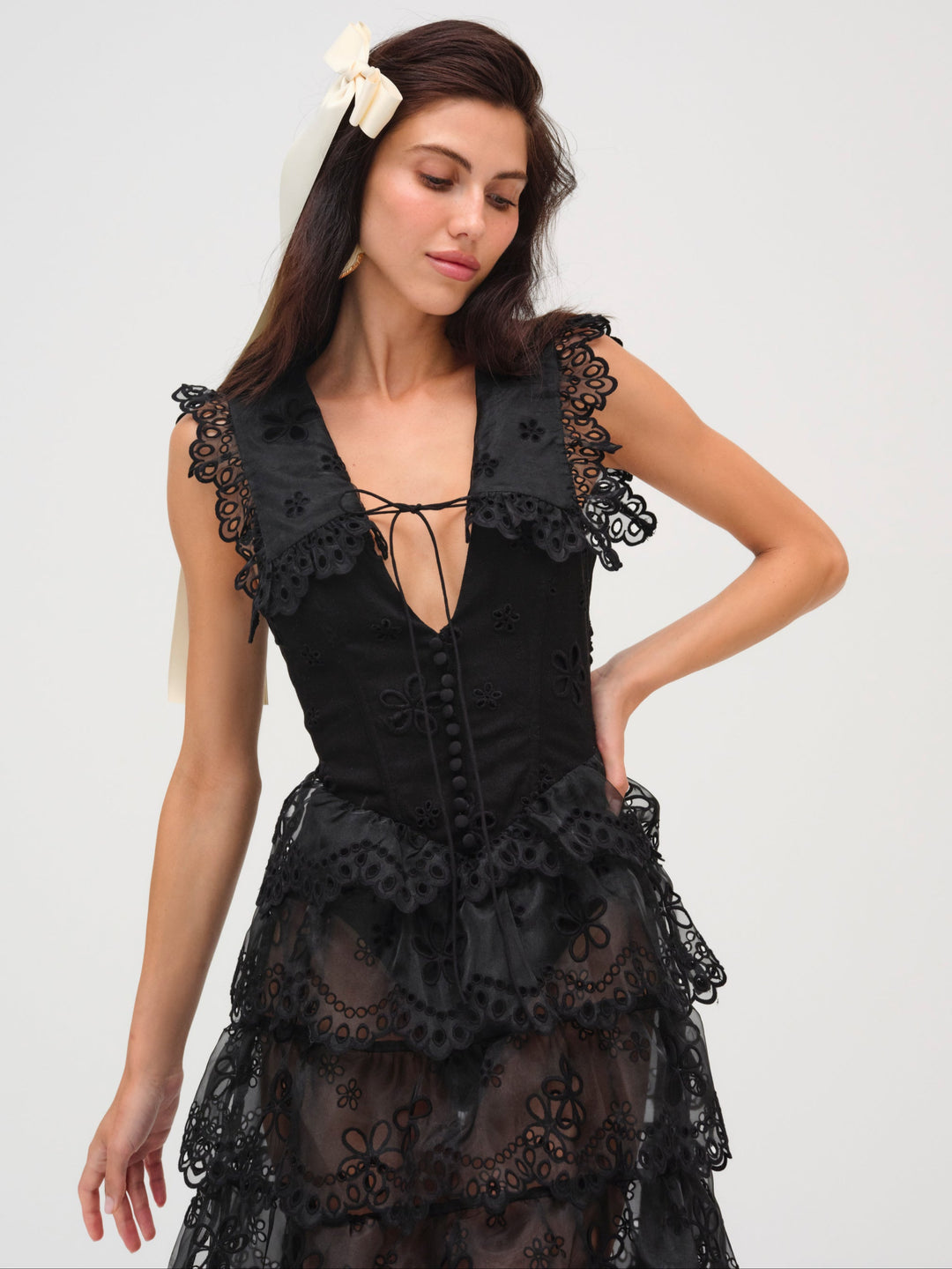 For Love and Lemons Daisy Eyelet Midi Dress - Black